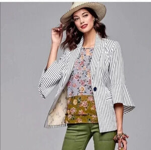 Cabi Ticking Stripe Bell Sleeve Single Button Down Career Wear Blazer(0)